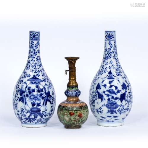 Near pair of porcelain blue and white bottle vases Chinese, 19th Century each with a Kangxi mark
