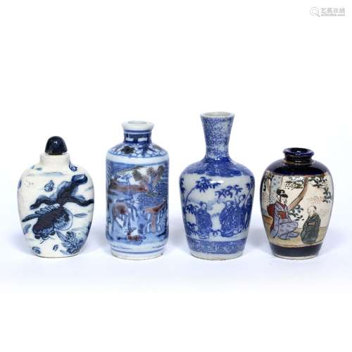 Porcelain snuff bottle Chinese painted with deer and with iron red highlights 8cm one other blue and