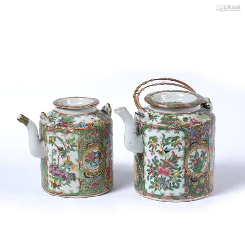 Two Canton cylindrical teapots Chinese,19th Century each painted with panels of figures and other