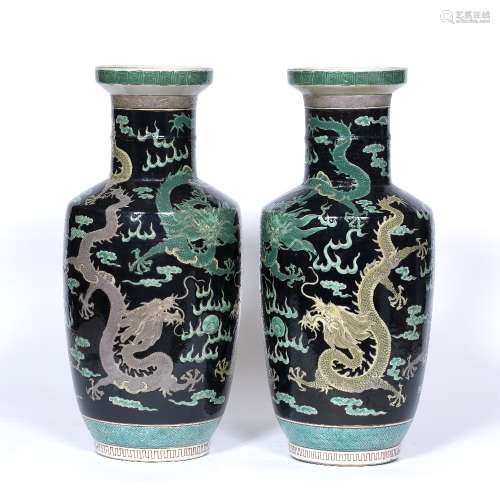 Pair of famille noir Rouleau vases Chinese, 19th Century each painted with yellow and green
