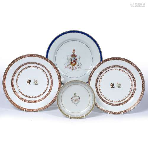 Four pieces of Armorial porcelain Chinese, 18th Century to include a pair of plates 24cm a single