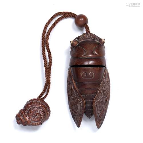 Wood Inro in the form of a cicada Japanese 20th Century the carved insect with inset bone eyes, with