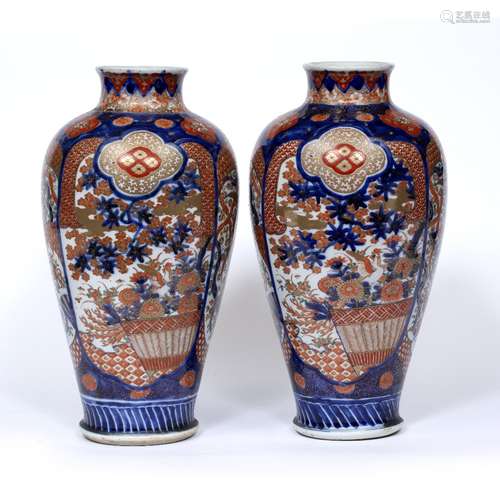 Pair of polychrome Imari vases Japanese, 19th Century each of tapering baluster form, painted with