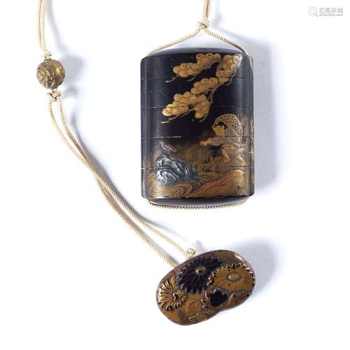 Four case Roiro inro Japanese, late Edo period coloured hiramakiye details with a pine tree