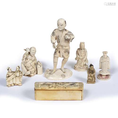 Collection of six ivory and bone carvings Chinese/Japanese to include a standing figure dressed in