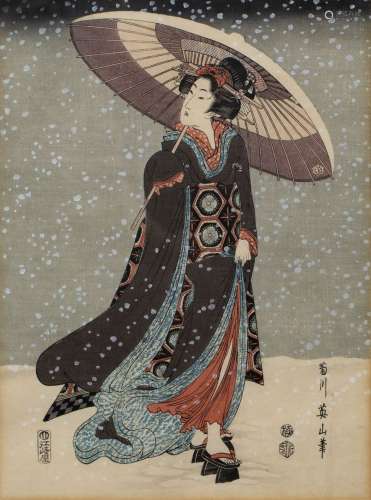 Kikugawa Eizan (1787-1867) 'Snowy day' woodblock print 27.5cm x 21cm