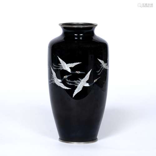 Sato enamel vase Japanese having a siege of herons in flight, marked Japan, Sato to the underside