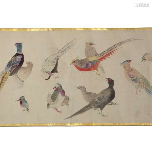 Hand scroll Japanese, late 19th Century Makemono, painted with birds, signed 20cm x 260cm approx