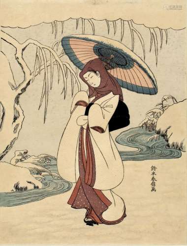 Suzuki Harunobu (1724/25-1770) 'The Heron Maiden' woodblock print 28cm x 21cm