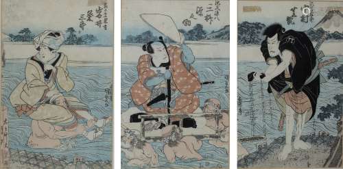 Triptych (Kunisada) Japanese, 19th Century woodblock print each panel measures 35cm x 23cm