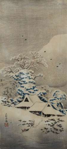 Hiroaki Takahashi (1871-1944) Japanese 'Sawatari in Joshu' woodblock print 39cm x 18cm