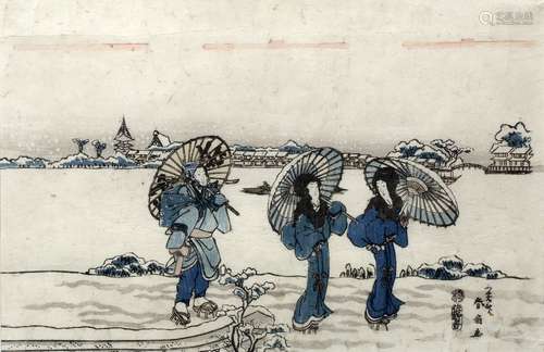 Katsukawa Shunsen (1762-1830) Japanese, 19th Century 'Three Geishas' woodblock print 23cm x 35cm