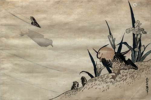 Katsushika Hokusai (1760-1849) Japanese, early 20th Century 'Two birds and Iris' woodblock print