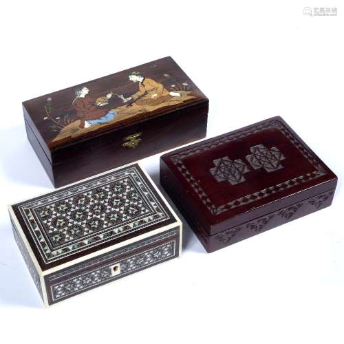 Three Eastern style boxes Islamic, 20th Century first decorated to the centre depicting a women