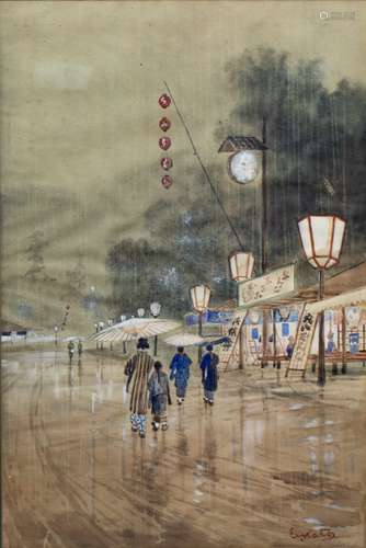 Japanese school circa 1930 street scene with geisha walking with parasols at dusk, signed