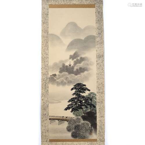 Japanese school Bridge & temple scene, hanging scroll, ink on paper 104cm x 37cm