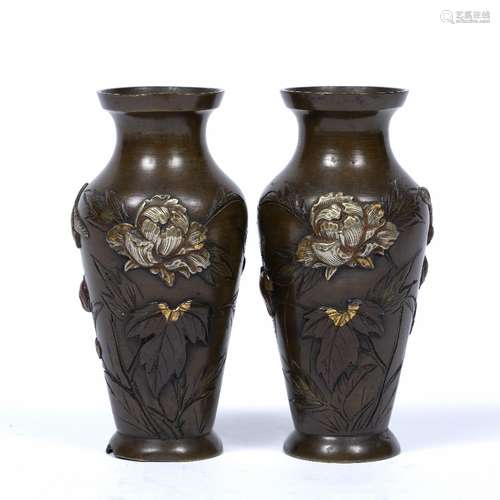 Pair of bronze miniature vases Japanese, 19th Century with embossed decoration, hirazogan work, to