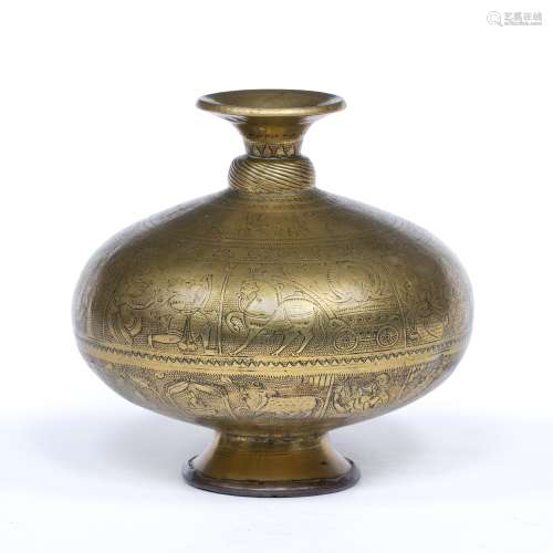 Mughal style lota Indian, 19th Century engraved all around the body with panels of figures, with a