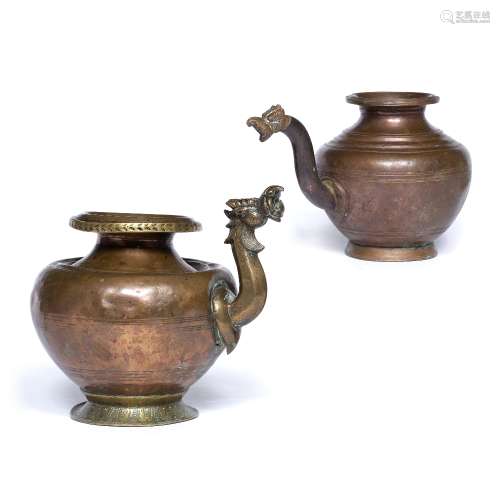 Two copper lotas Indian, 19th Century both of plain form with the top of the spout modelled as a