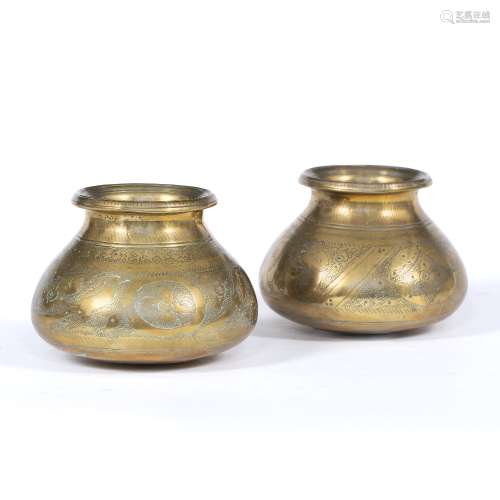 Pair of small copper lota pots Indian, 19th Century engraved to the bodies with elephants and