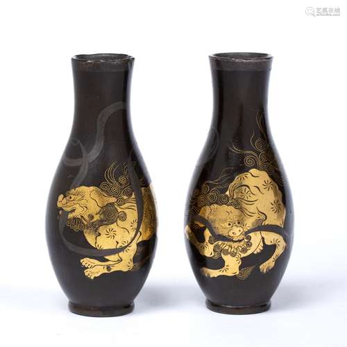 Pair of miniature bronze vases Japanese, Meiji period each with shibuichi honzogan inlaid temple