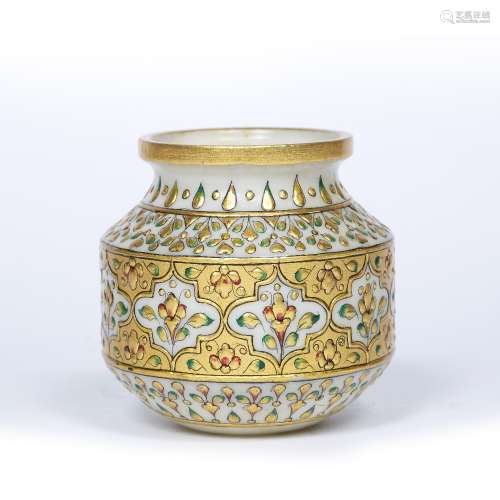 Enamelled alabaster vase Indian decorated to the body with gold panels of flowers 9.5cm high