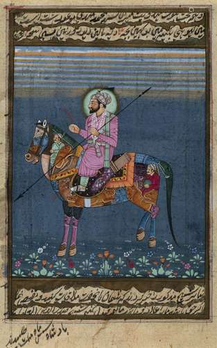 Indian School Figure on a horse, the horse painted with iconography depicting tigers and figures,