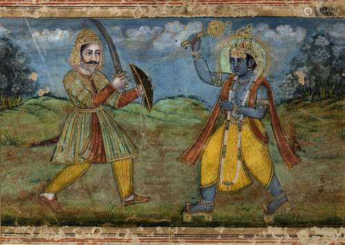 Indian School 18th Century depicting figures fighting, gouache on paper 11cm x 14.5cm