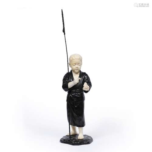 Bronze and ivory figure Japanese, Meiji period of a bare footed youth standing feeding a young