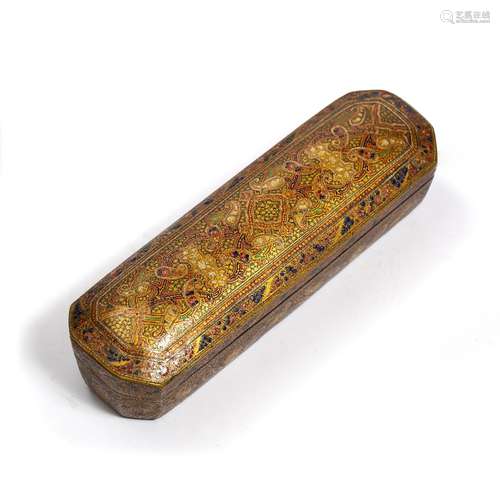 Papier-mache pen case, Qalamdan Indo-Persian, 19th Century the cover painted with arabesques and