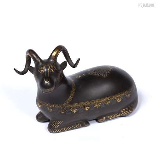 Bronze model of a goat Indo-Persian, 19th Century decorated with gold inlay to the body 15.5cm