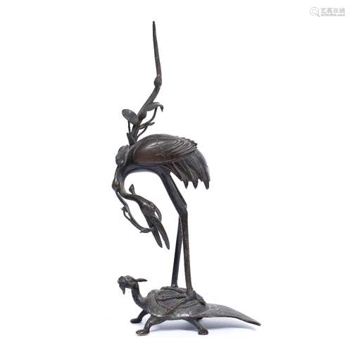 Bronze model of stork and tortoise Japanese, Meiji representing longevity and intelligence 27.5cm