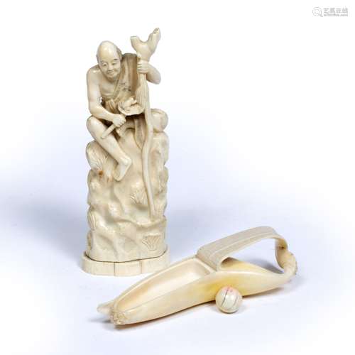 Ivory okimono Japanese, Meiji period in the form of a peeled back banana 17cm long and one other