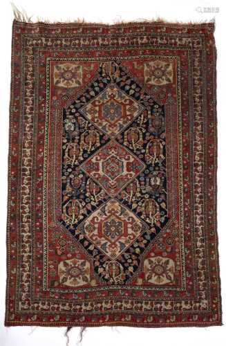 Khamse rug Southern Persian, circa 1900 of blue ground with three panels and geometric and foliate