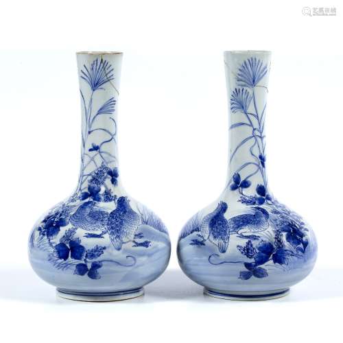 Pair of bottle vases Japanese, 19th Century each painted with quails and other birds amongst