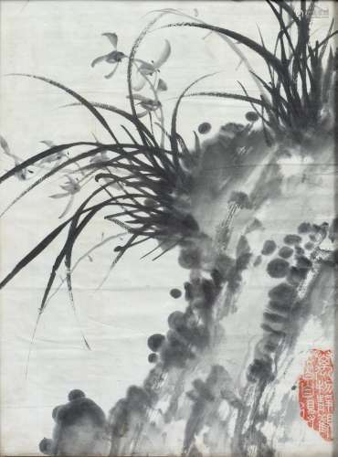 Japanese print depicting a goose in a winter setting, inscribed and with red seal marks 47cm x