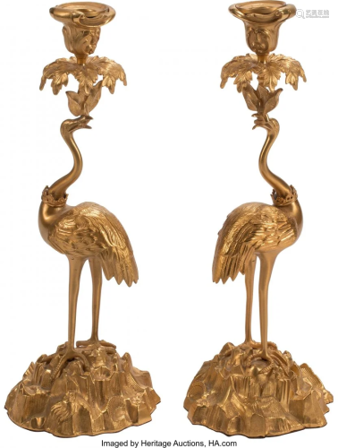 61260: A Pair of French Gilt Bronze Ostrich-…