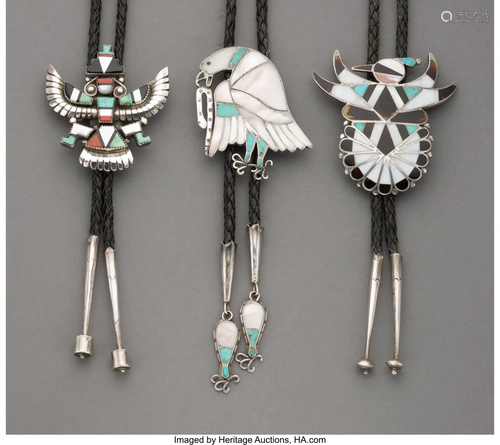 70523: Three Zuni Bolo Ties c. 1965 one wi…