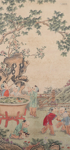 CHINESE SCROLL PAINTING OF BOY PLAYI…