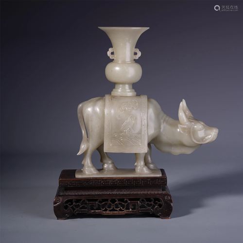 CHINESE GREY JADE BULL WITH VASE ON ROS…