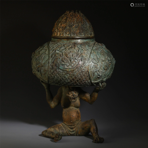 CHINESE ANCIENT BRONZE LIDDED INCENS…