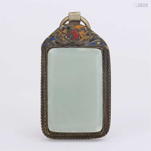 CHINESE WHITE JADE PLAQUE INLAID SILV…