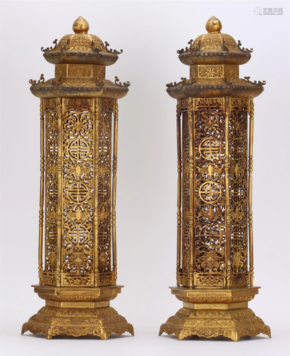 PAIR OF CHINESE GILT BRONZE PAVILION I…