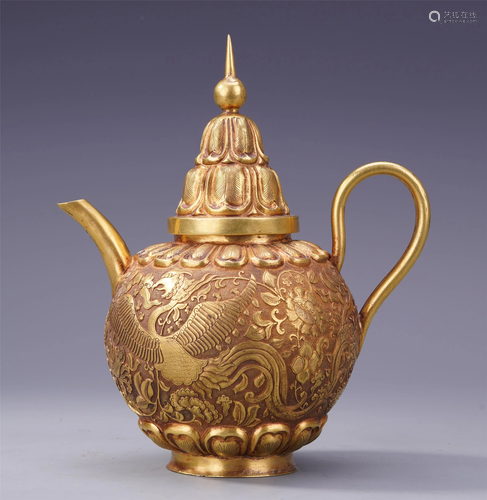 CHINESE GILT BRONZE PHOENIX TEA POT