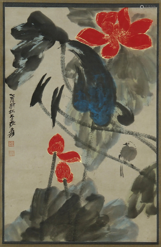 CHINESE SCROLL PAINTING OF LOTUS BY Z…