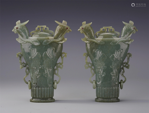 PAIR OF CHINESE CELADON JADE PHOENIX…