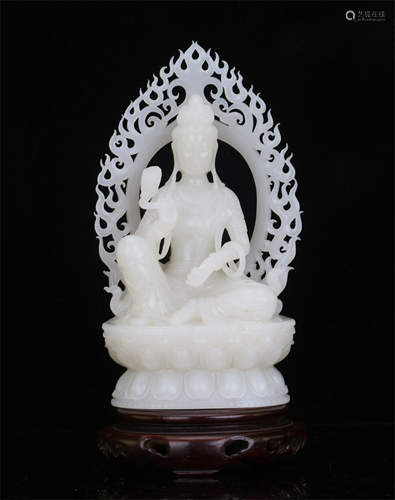 CHINESE WHITE JADE SEATED GUANYIN …