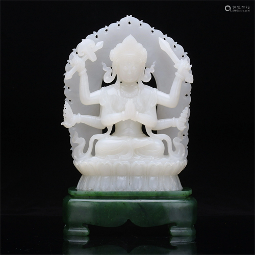 CHINESE WHITE JADE SEATED SIX ARM GU…