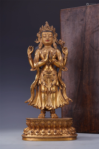 CHINESE GILT BRONZE STANDING FOU…