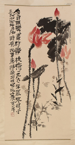 CHINESE SCROLL PAINTING OF LOTUS BY S…